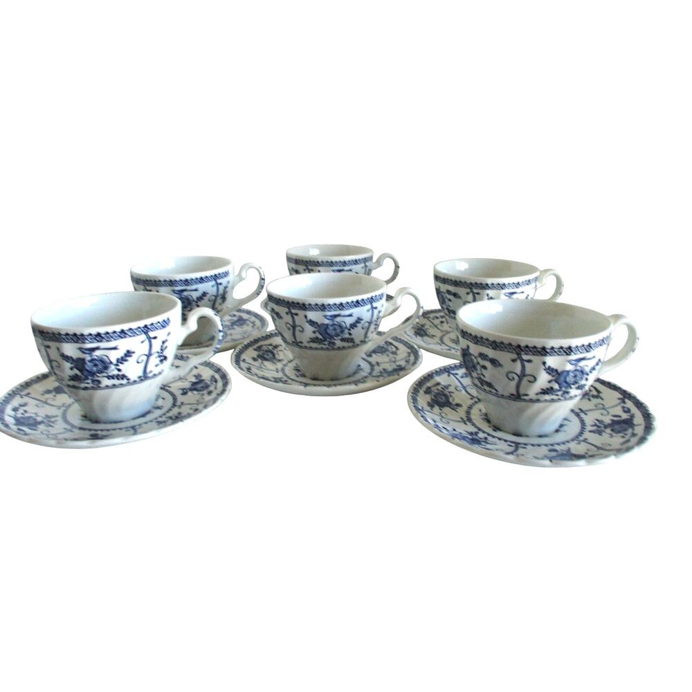 Vintage Johnson Bros. Indies Blue & White Ironstone Tea Cups & Saucers Set of 6